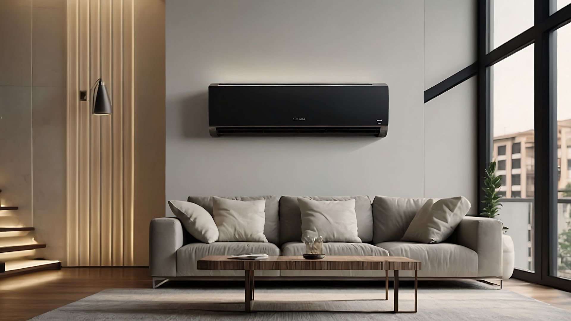 Un climatiseur mural noir et élégant, placé au-dessus d'un canapé gris moderne dans un salon contemporain.