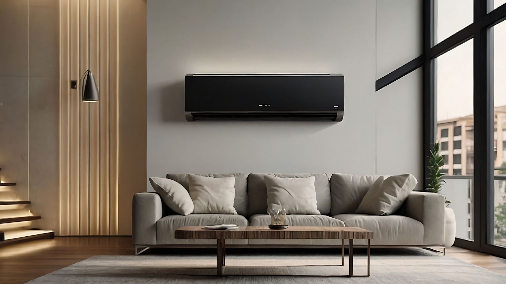 Un climatiseur mural noir et élégant, placé au-dessus d'un canapé gris moderne dans un salon contemporain.