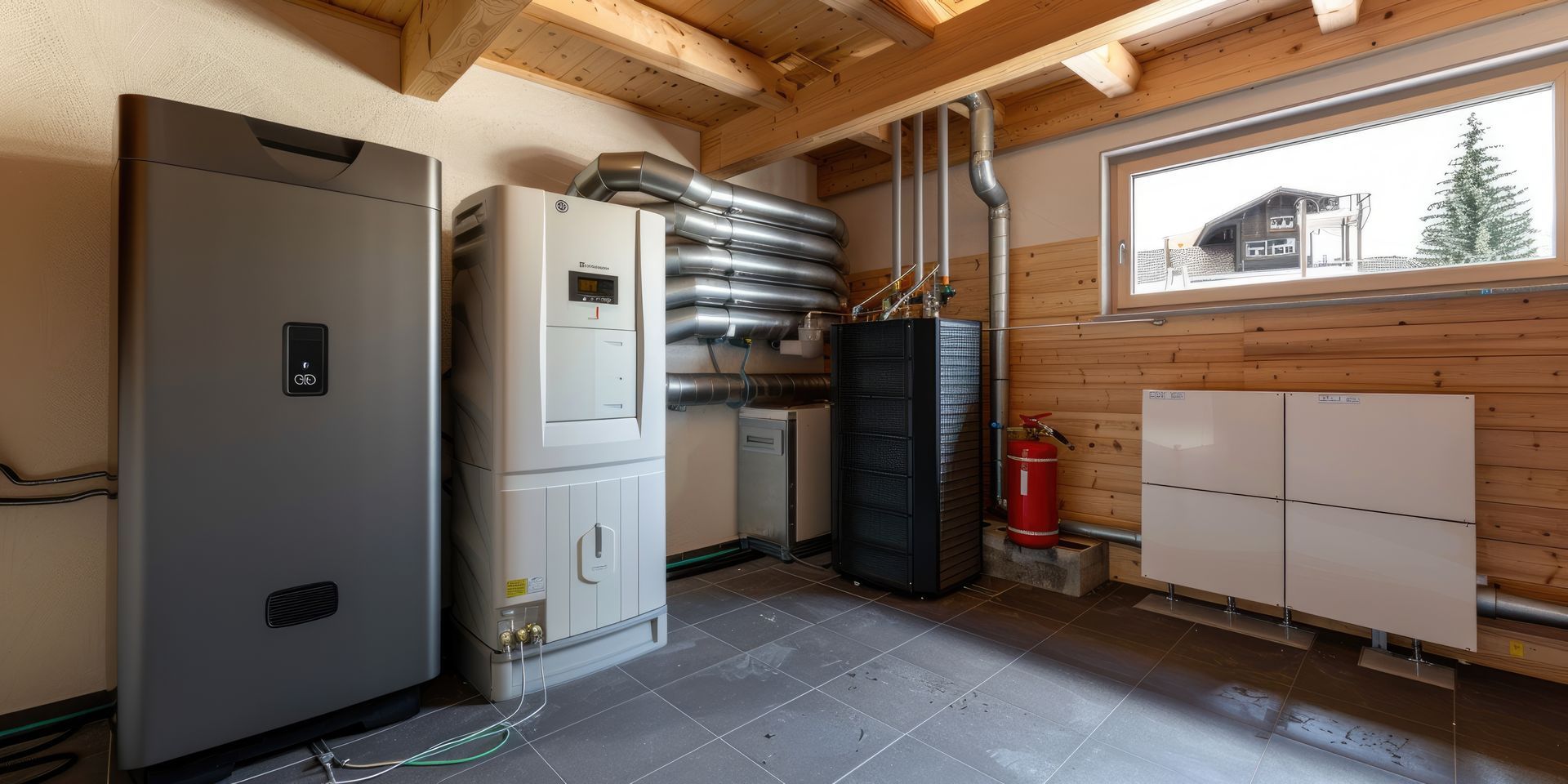 Local technique comprenant un système de pompe à chaleur, des réservoirs d'eau verticaux, des conduits de ventilation et un extincteur rouge.