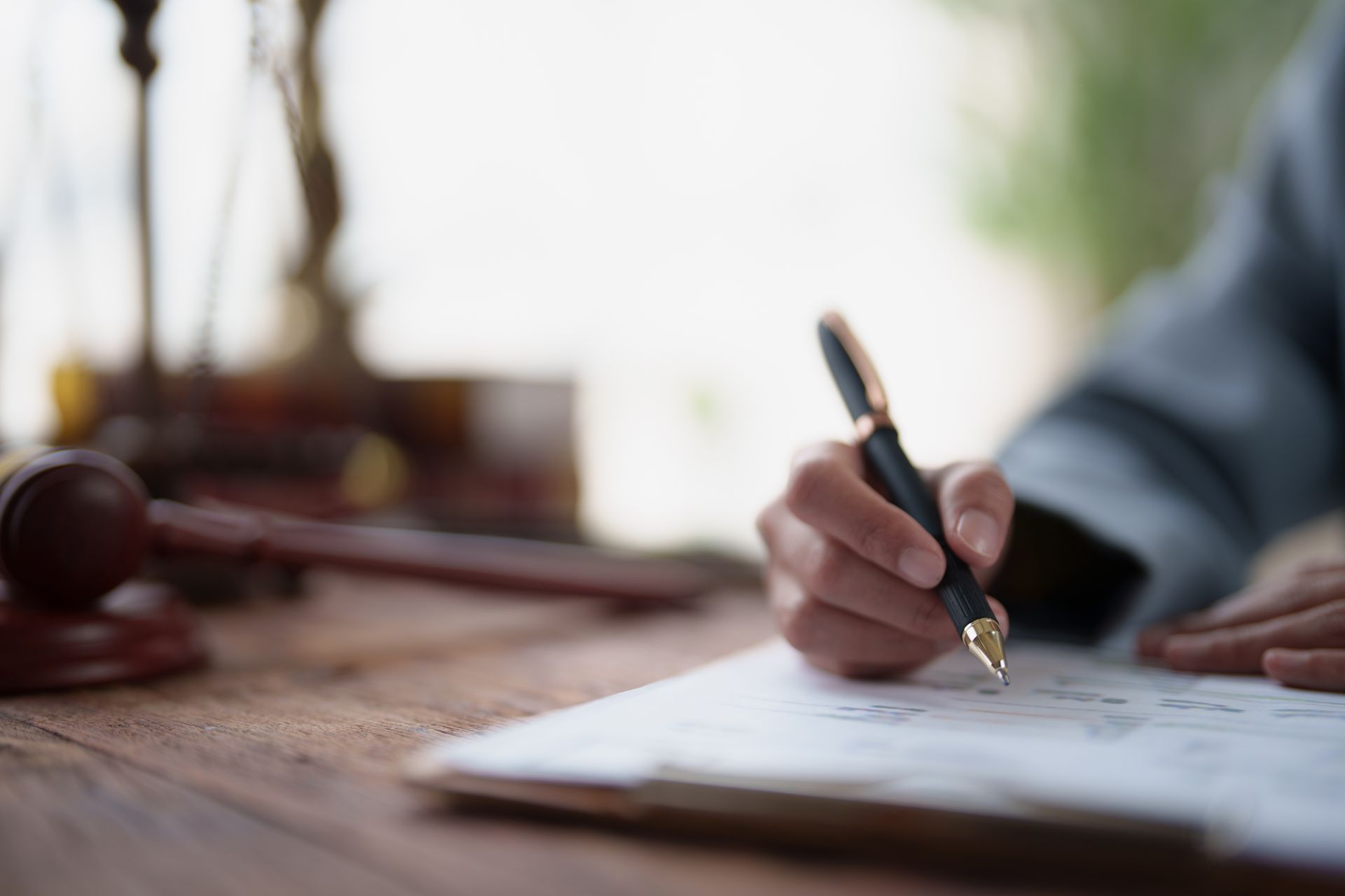 Handschrift mit einem Stift in einem Notizbuch auf einem Schreibtisch, im Hintergrund ist ein Richterhammer verschwommen zu erkennen.