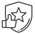 Icône représentant un bouclier avec une étoile et un pouce pour symboliser que le client est protégé, il paye uniquement une fois le travail réalisé