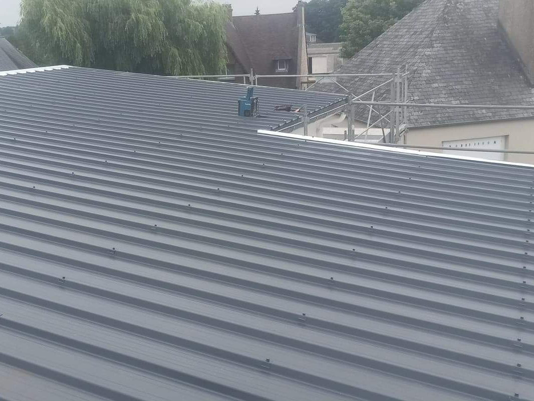 Toiture en bac acier avec ouvriers et échafaudages près des maisons et des arbres