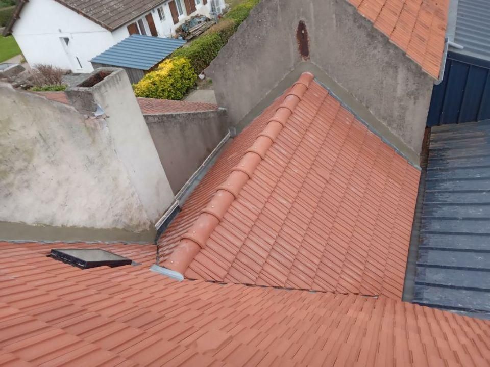 Toits de tuiles et toiture métallique avec vue sur une ruelle étroite.