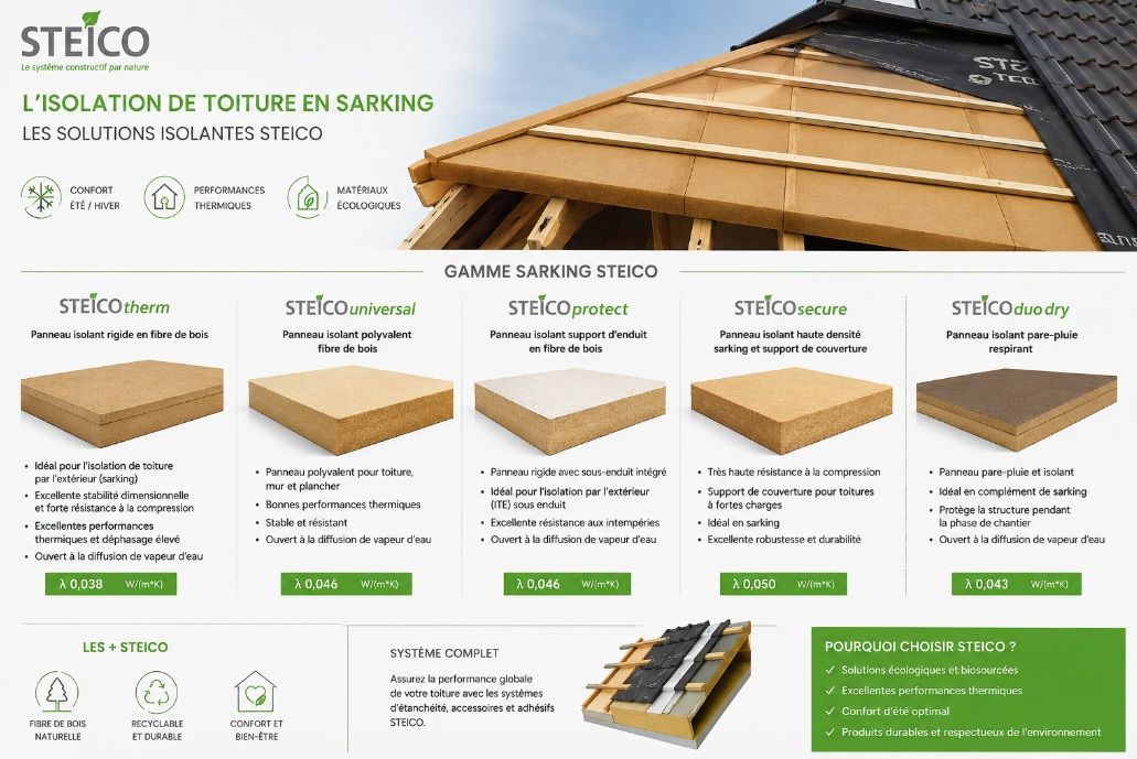 Brochure STEICO présentant des panneaux d'isolant et un schéma d'isolation de toiture