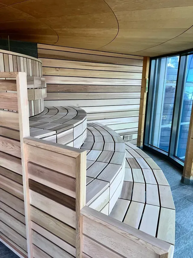 Bancs de sauna en bois courbés avec parois à lattes et porte vitrée