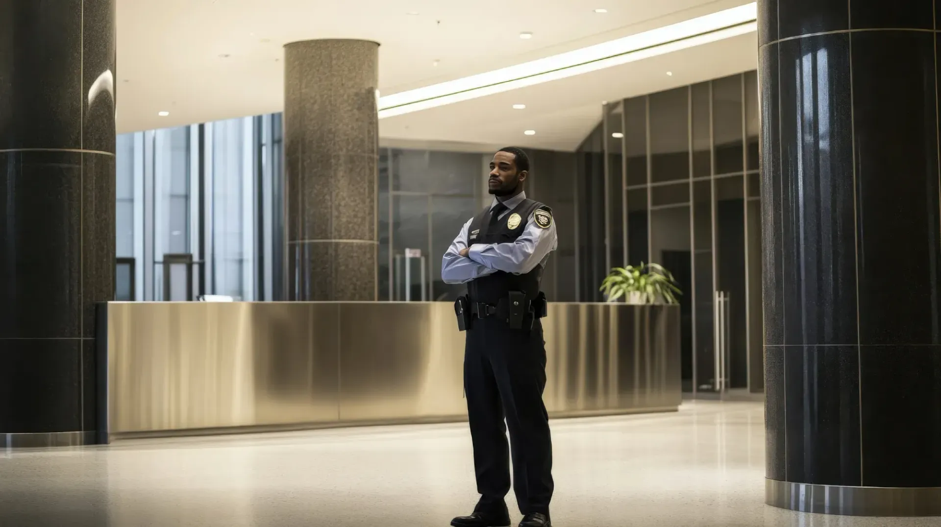 Guardia de seguridad de pie en un vestíbulo moderno con los brazos cruzados, en actitud alerta.