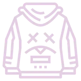 Un dibujo de línea violeta de una sudadera con capucha con una cara triste.
