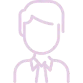 Un dibujo de línea violeta de un hombre con traje y corbata.