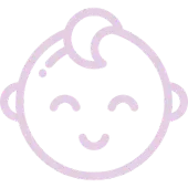 Un icono morado de la cabeza de un bebé con una sonrisa en su cara.