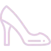 Un dibujo de línea violeta de un zapato de tacón alto sobre un fondo blanco.