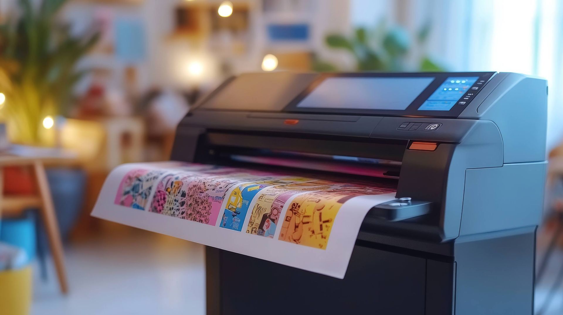 Impresora de gran formato que imprime un diseño colorido en un entorno de oficina.