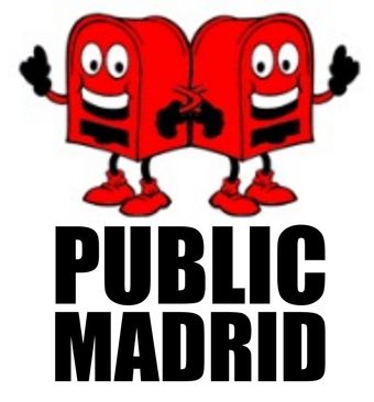 Dos personajes de buzón rojo con caras sonrientes y manos abrazadas, con las palabras "PUBLIC MADRID" debajo.
