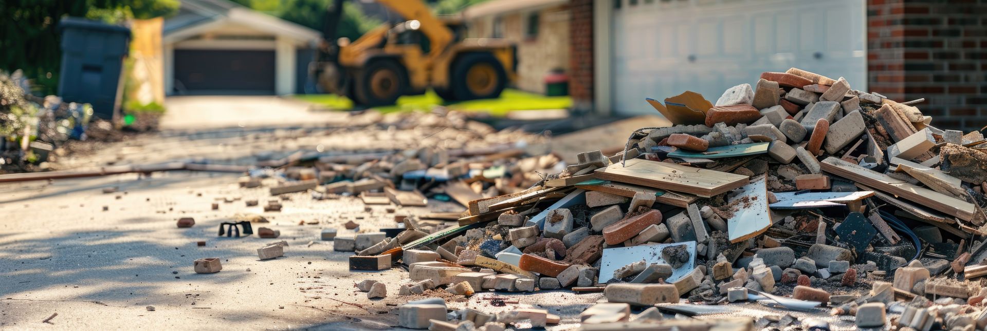 Un tas de débris de construction et de briques cassées jonche l'allée d'une maison, avec un tracteur en arrière-plan.