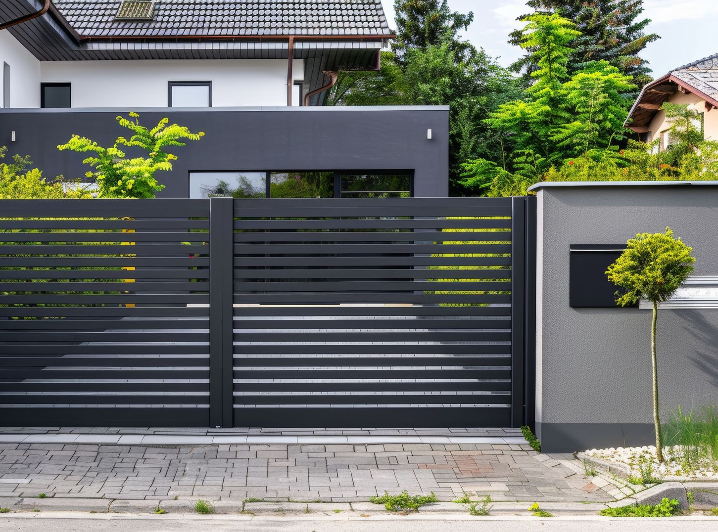 Maison grise moderne derrière un portail et un mur d'allée en métal noir, avec des arbustes verts et un pavage.