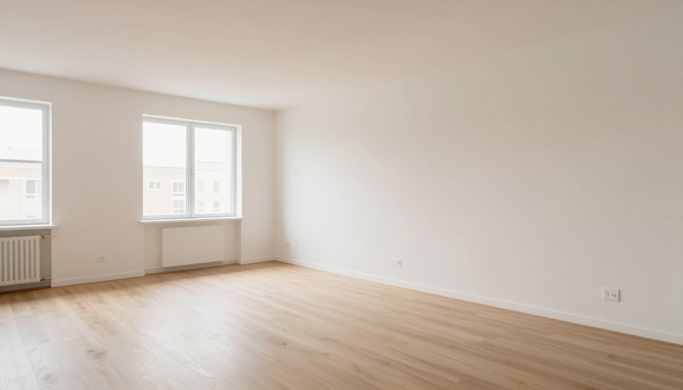 Habitación luminosa y vacía, con suelo de madera clara, paredes blancas y dos ventanas, una de ellas con un radiador debajo.