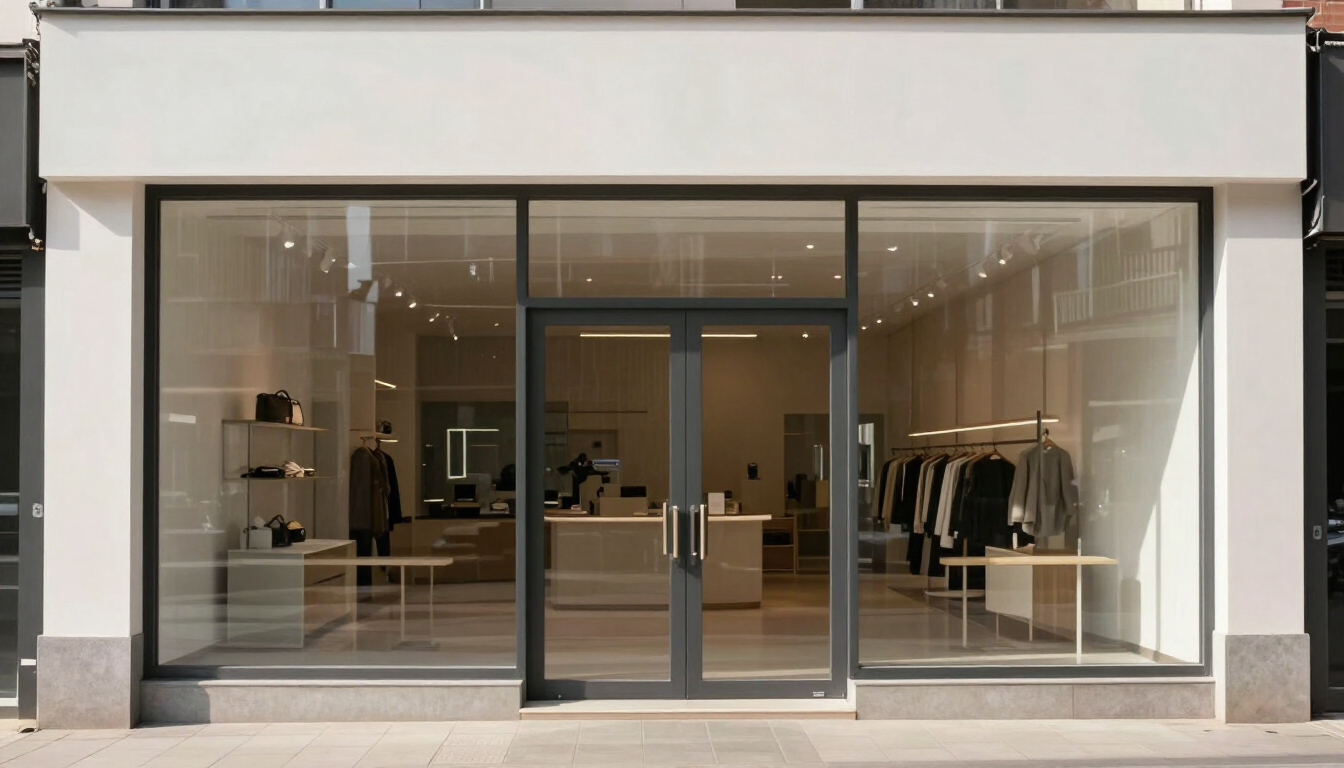 Tienda moderna con grandes ventanales de vidrio, escaparates interiores visibles y una fachada blanca minimalista