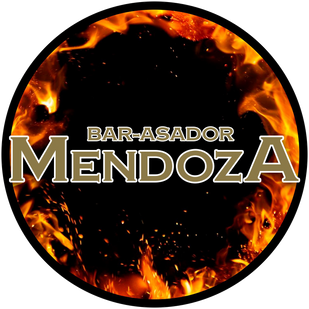 Un logotipo para bar-asador mendoza con llamas en el fondo.