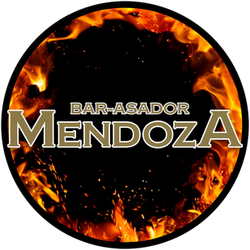 Un logotipo para bar-asador mendoza con llamas en el fondo.