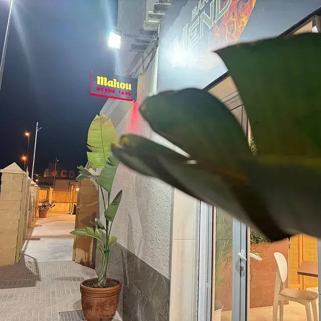 Una planta en maceta está frente a un restaurante mahou