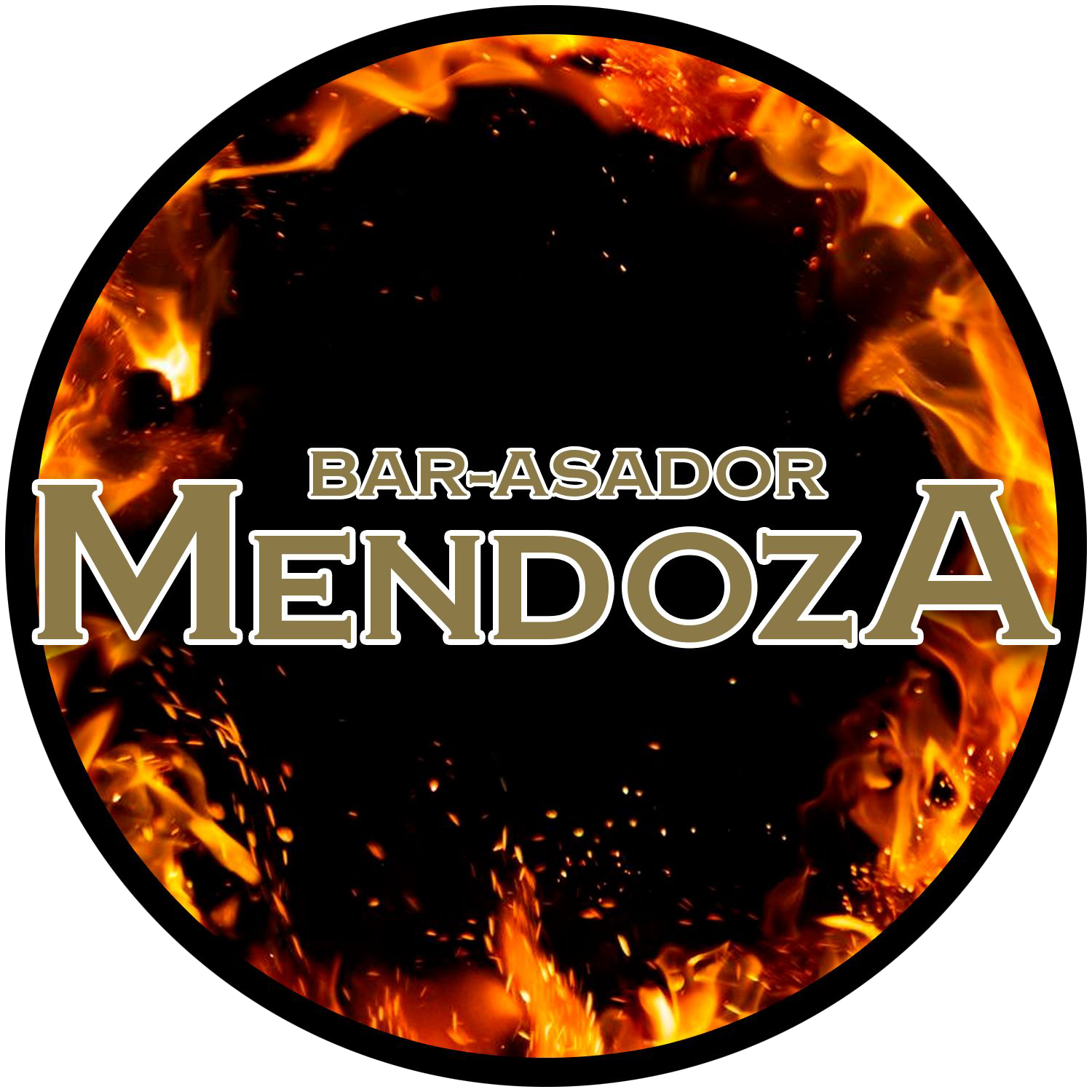 Un logotipo para bar asador mendoza con llamas en el fondo.