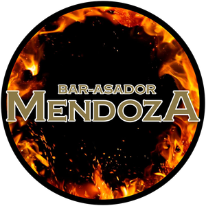 Un logotipo para bar asador mendoza con llamas en el fondo.