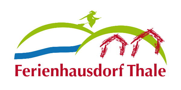 Stilisiertes Landschaftslogo mit Sonne, Kiefern, grünen Hügeln und einem blauen Fluss