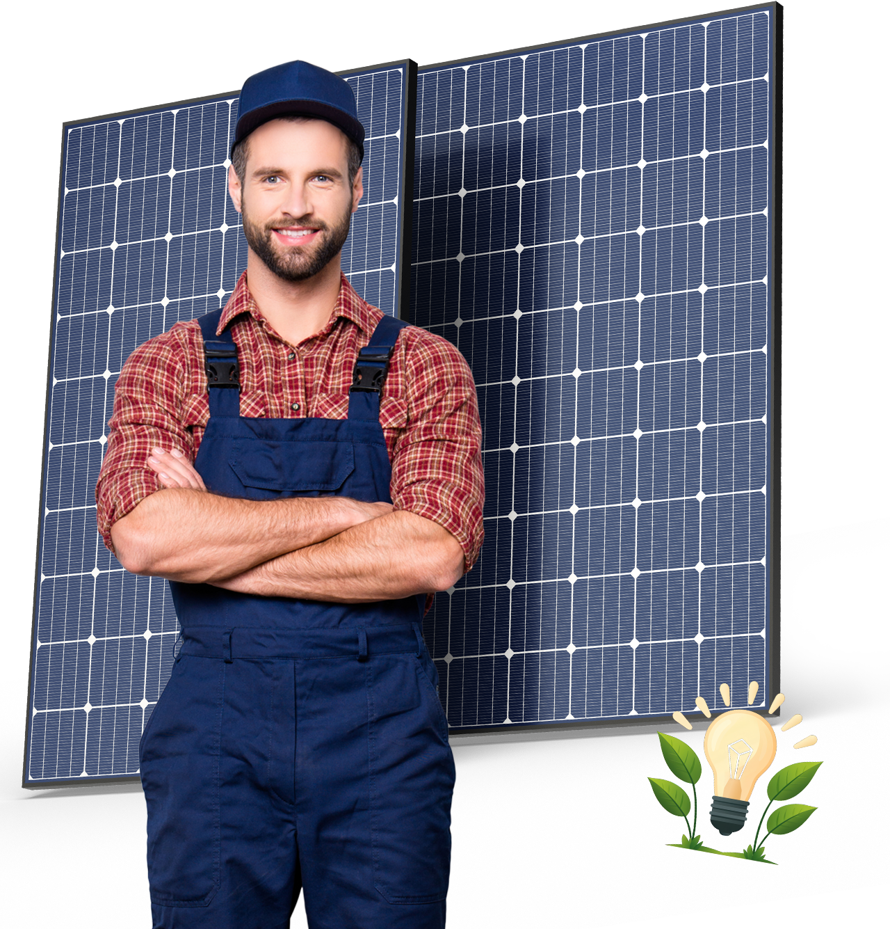 Illustration détourée d'un artisan qui pose devant deux panneaux solaires