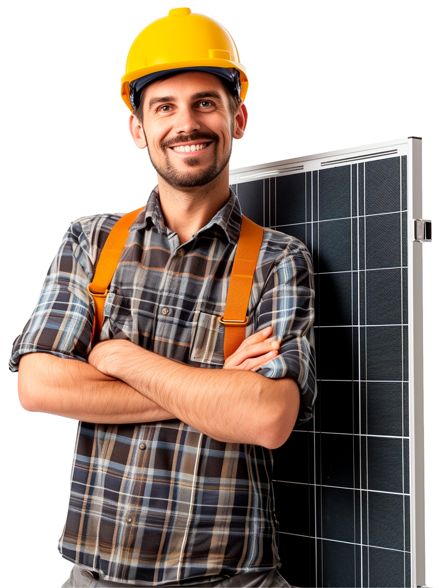 Un homme portant un casque de protection jaune pose devant un panneau solaire