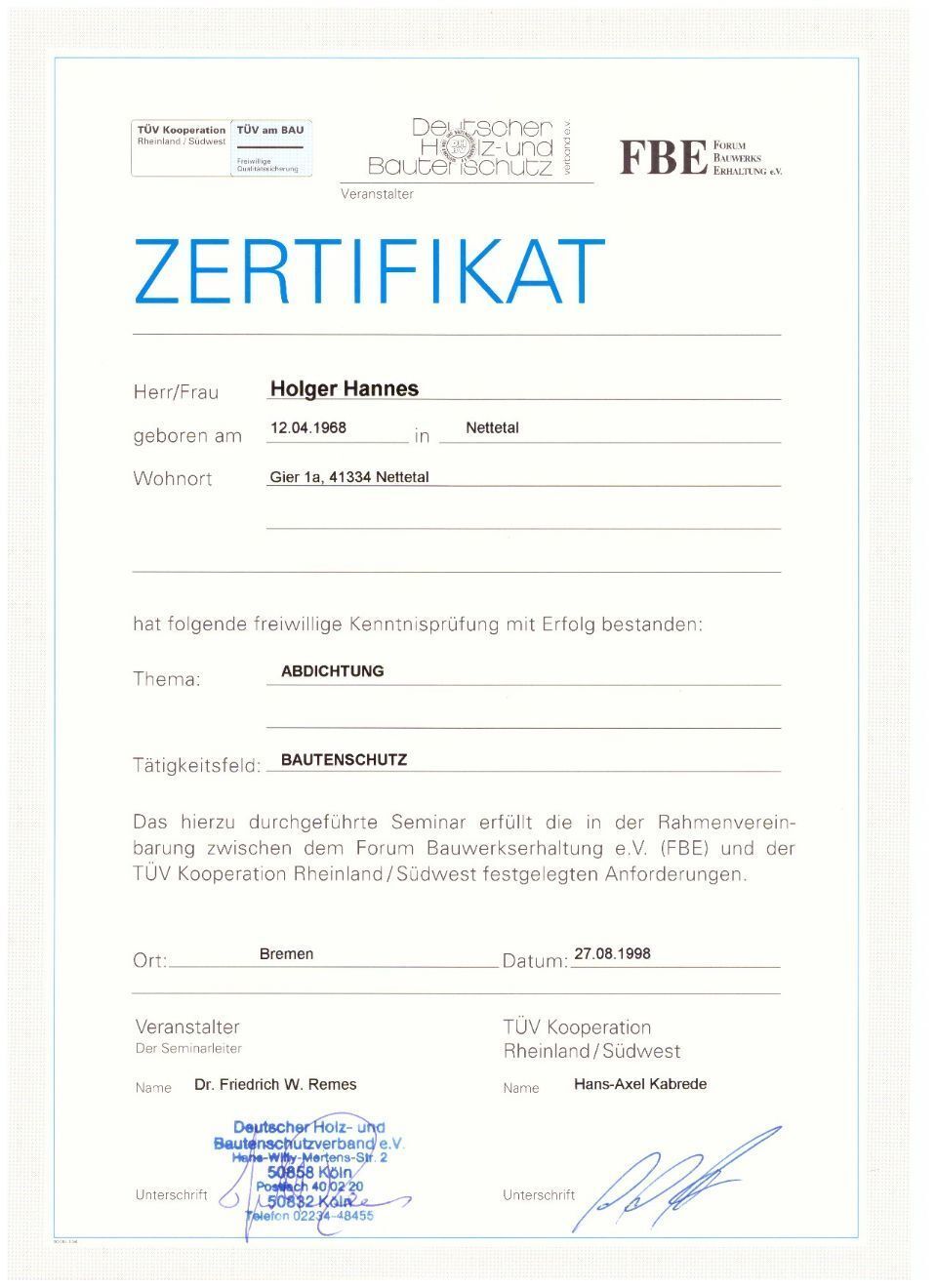 Zertifikat von Bausani - Holger Hannes