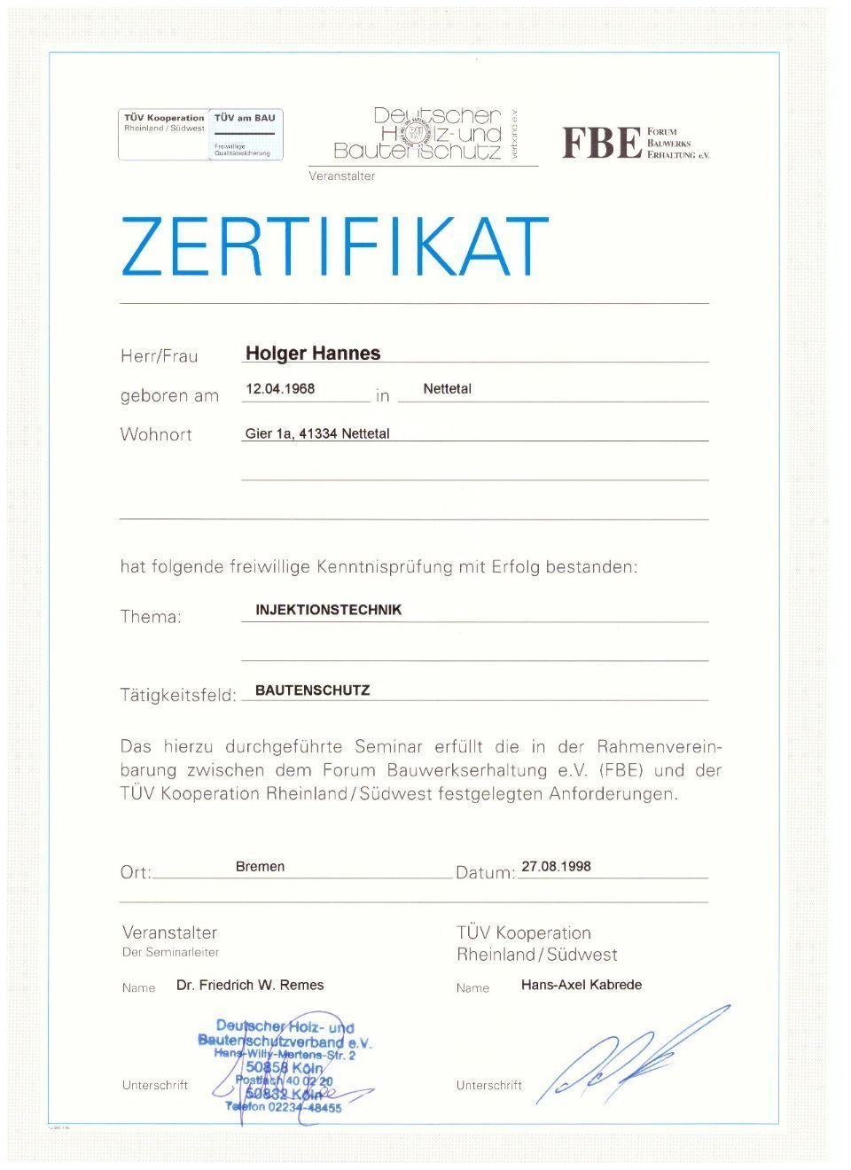 Zertifikat von Bausani - Holger Hannes