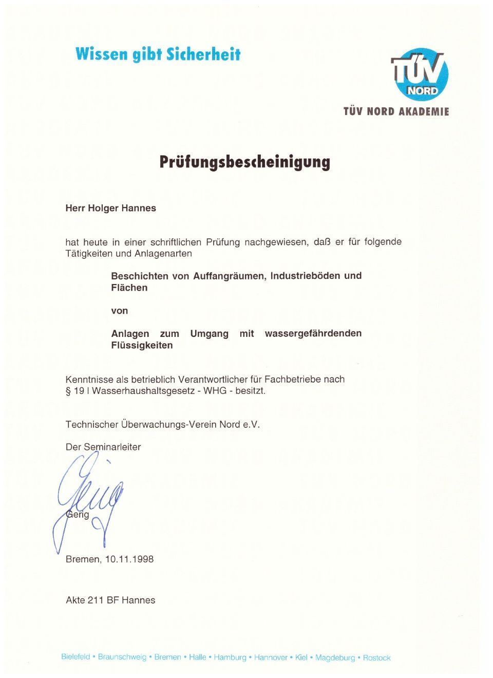 Prüfungsbescheinigung von Bausani - Holger Hannes