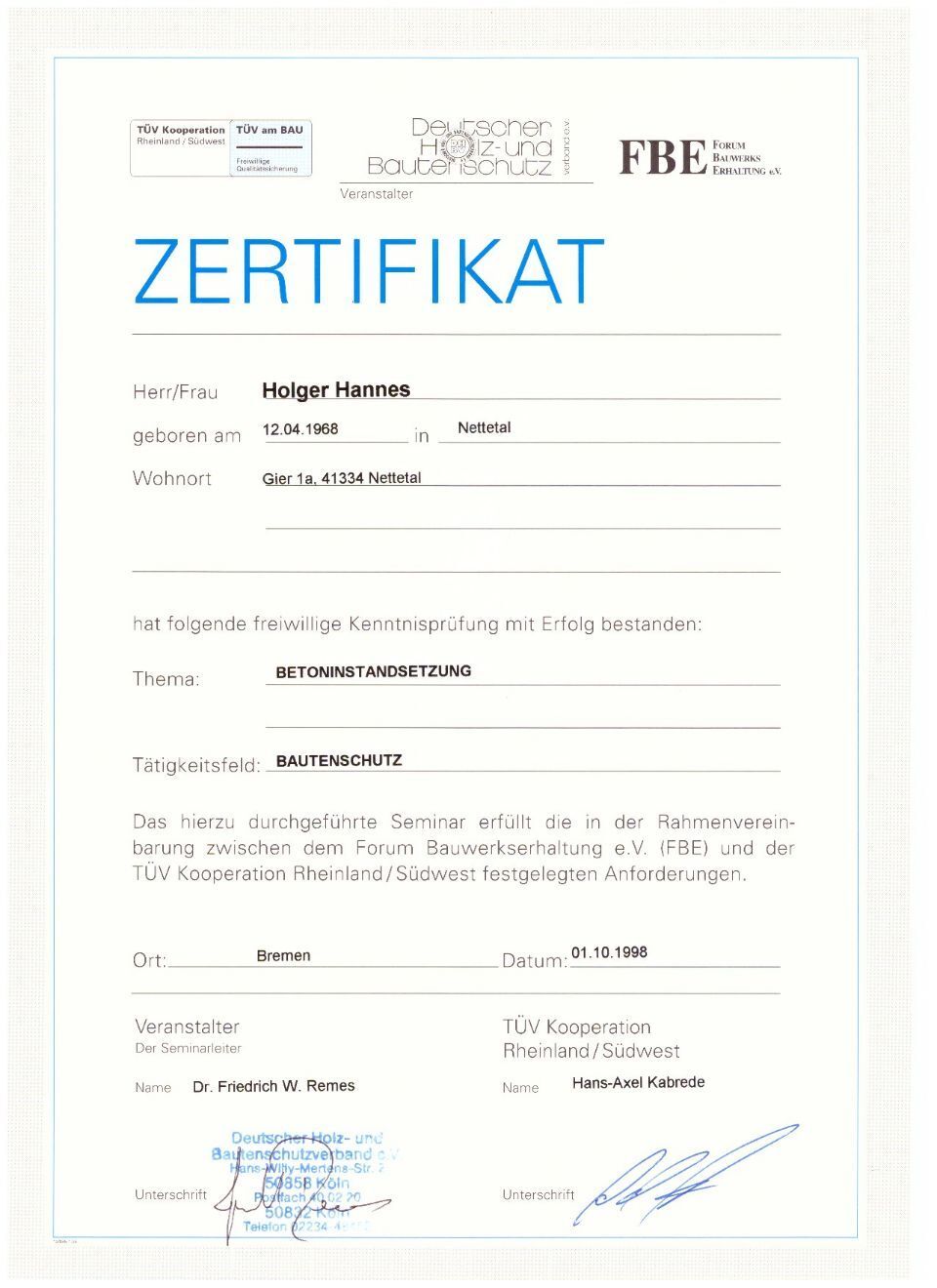 Zertifikat von Bausani - Holger Hannes