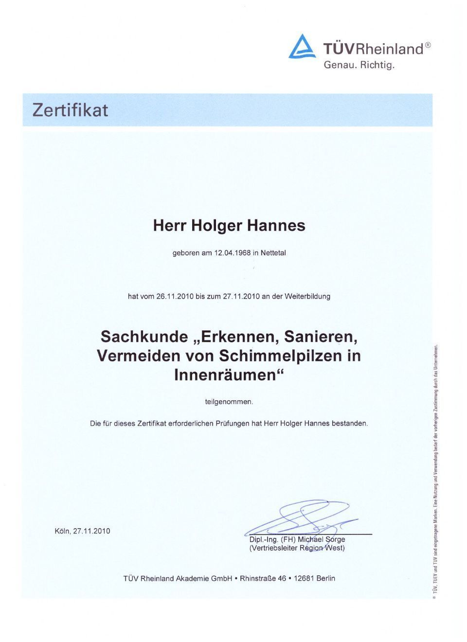 Zertifikat von Bausani - Holger Hannes