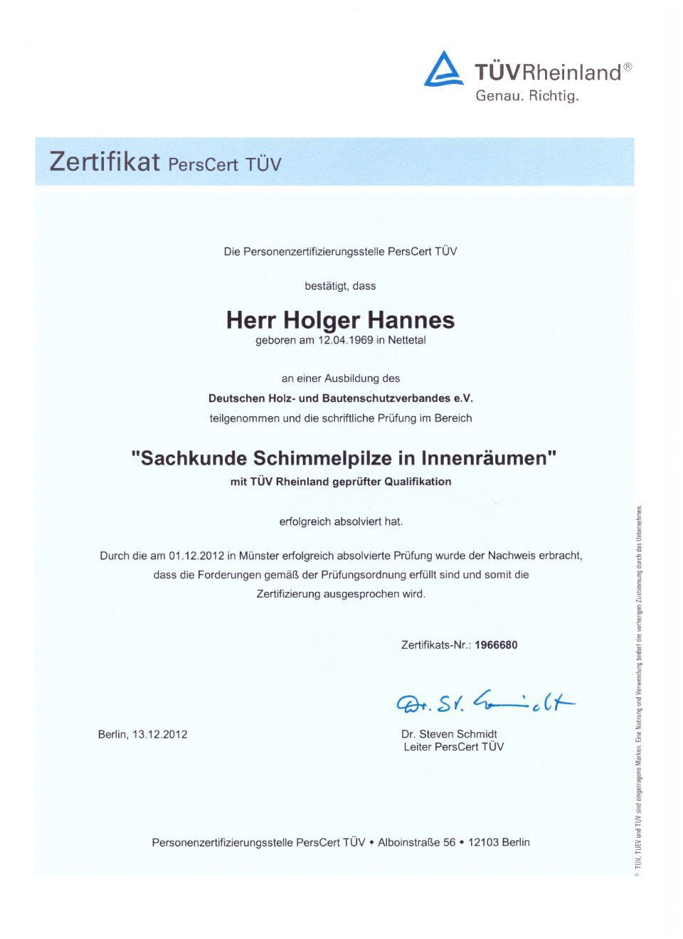 Zertifikat von Bausani - Holger Hannes