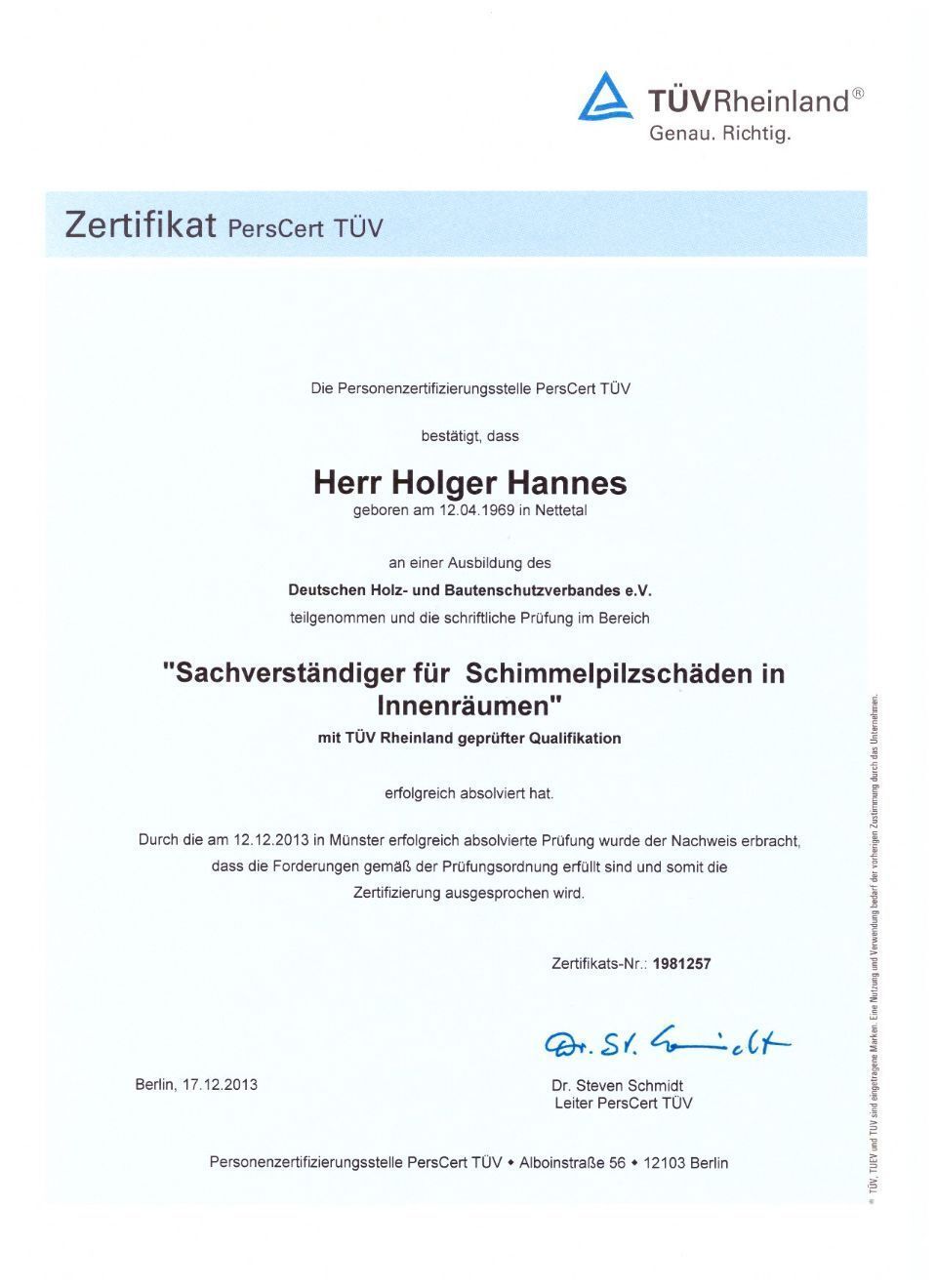 Zertifikat von Bausani - Holger Hannes