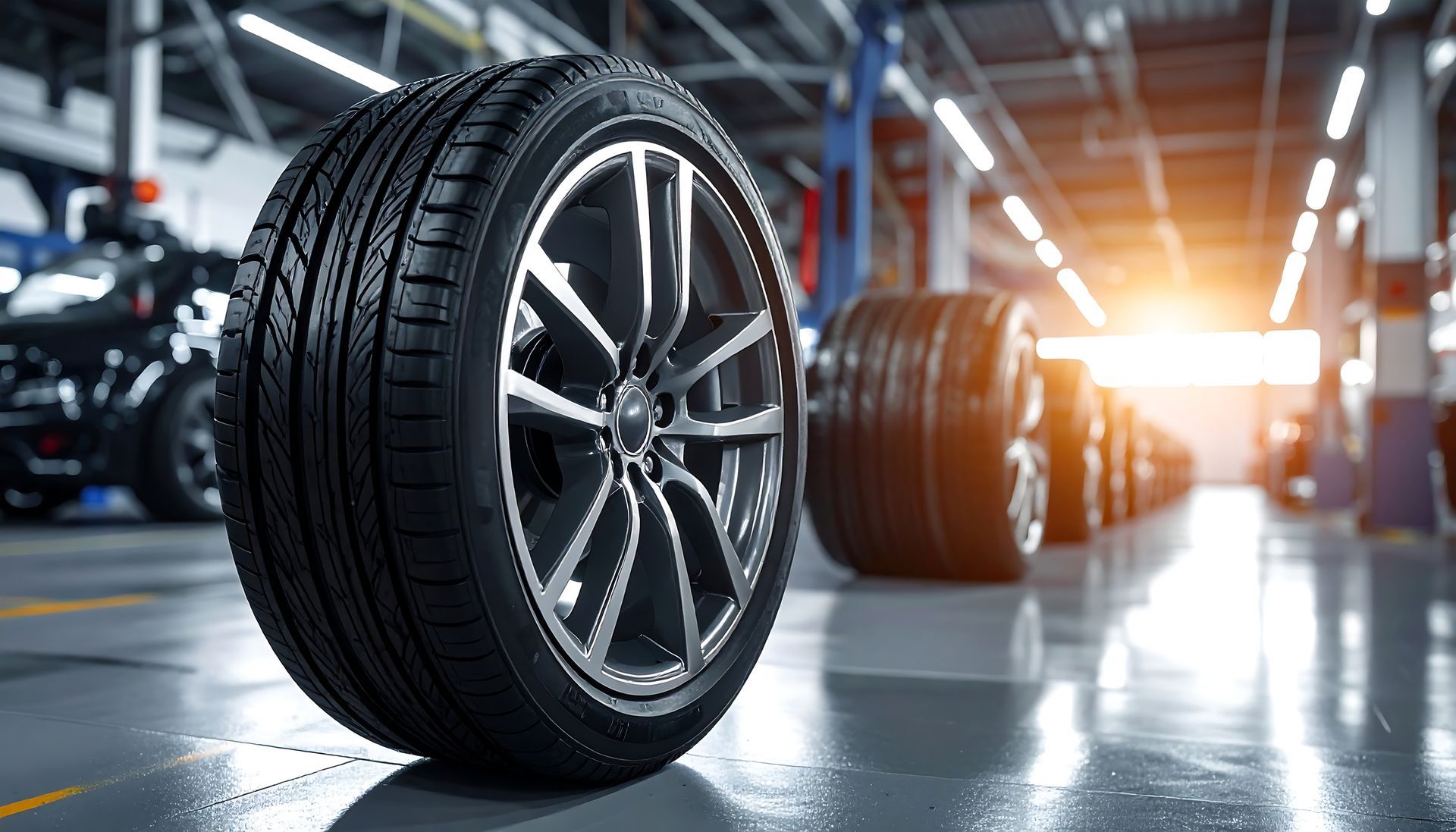 Pneu de voiture à jante argentée dans un garage, autres pneus en arrière-plan, lumière vive.
