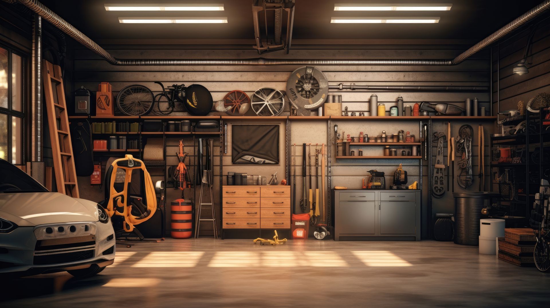 Intérieur du garage, organisé avec outils, voiture et équipements rangés sur des étagères et des murs.