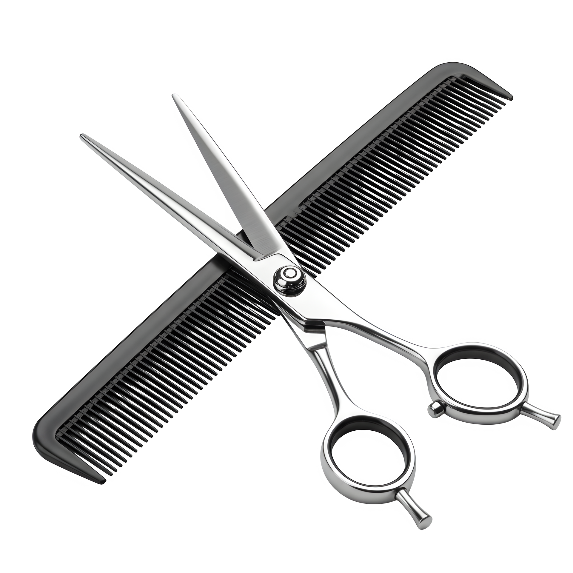 Ciseaux croisés sur un peigne noir.