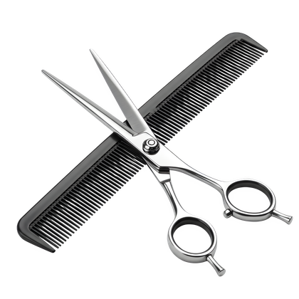 Ciseaux posés sur un peigne noir, suggérant une coupe ou un coiffage de cheveux.
