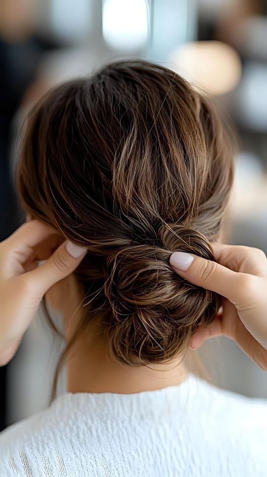 Femme coiffée en chignon bas avec des guirlandes scintillantes. Mains ajustant le chignon.