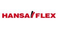 HANSA FLEX Logo in Rot mit einem schwarz-roten geschwungenen Design.