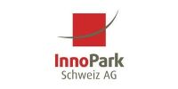 Logo der InnoPark Schweiz AG: Rotes Quadrat, braune gebogene Linie und Schriftzug „InnoPark Schweiz AG“ in Rot und Grau.