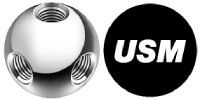 Metallkugel mit drei Gewindelöchern und einem Logo mit der Aufschrift „USM“.