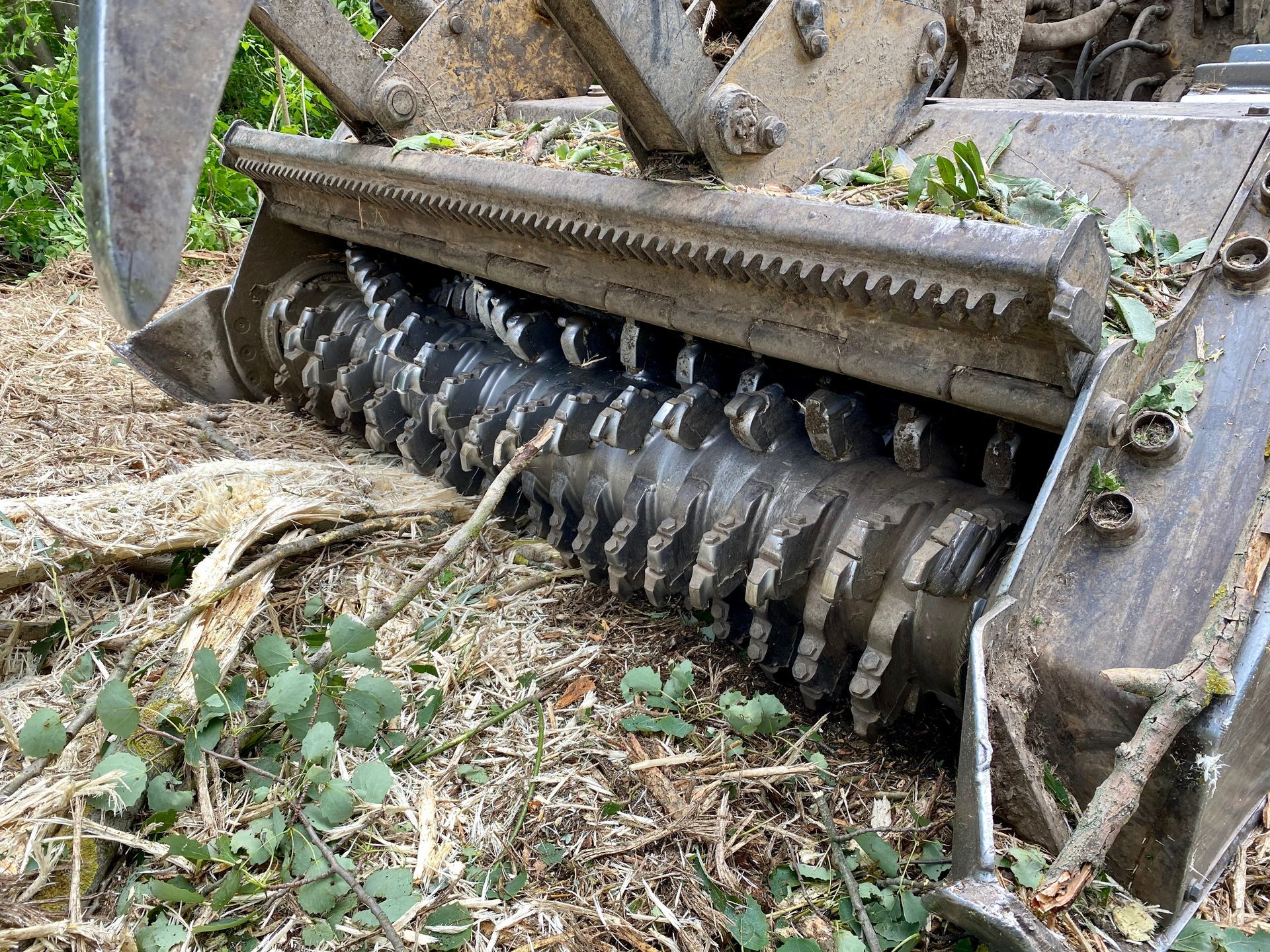 Tracteur vert équipé d'une tondeuse rouge débroussaillant un champ herbeux près des arbres