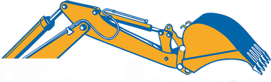Eine Zeichnung einer gelb-blauen Baggerschaufel auf weißem Hintergrund.