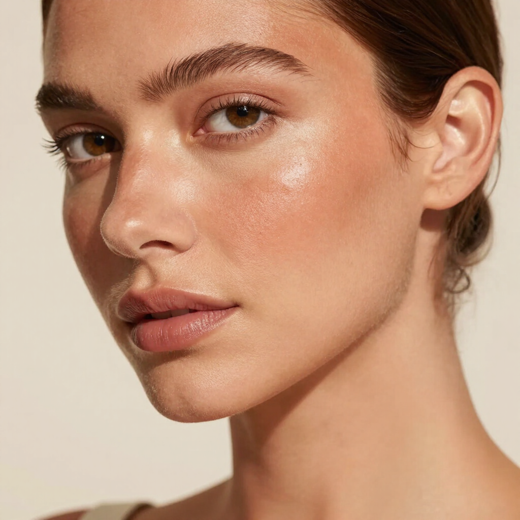 Retrato de cerca de una mujer con maquillaje natural y expresión neutra sobre un fondo beige.