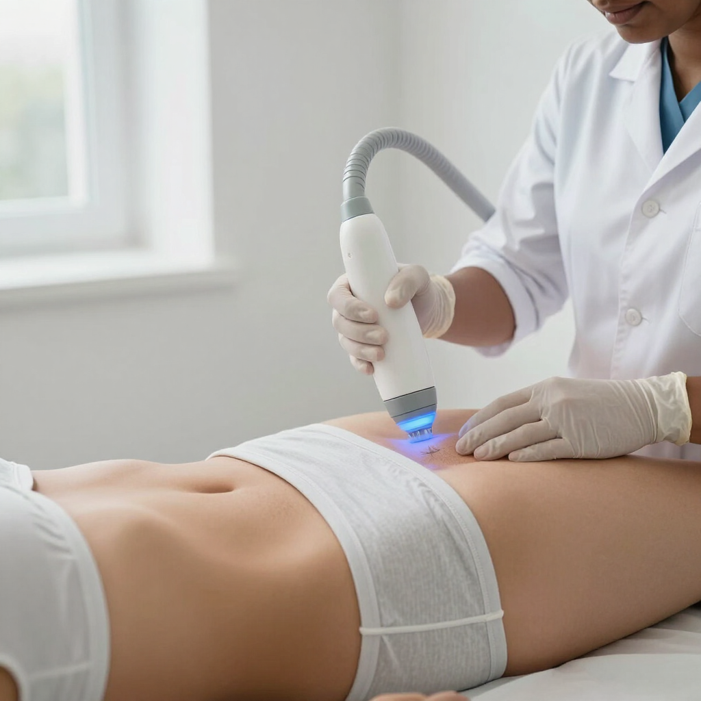 Técnico utilizando un dispositivo de tratamiento manual en el abdomen de un paciente en una sala de clínica bien iluminada.