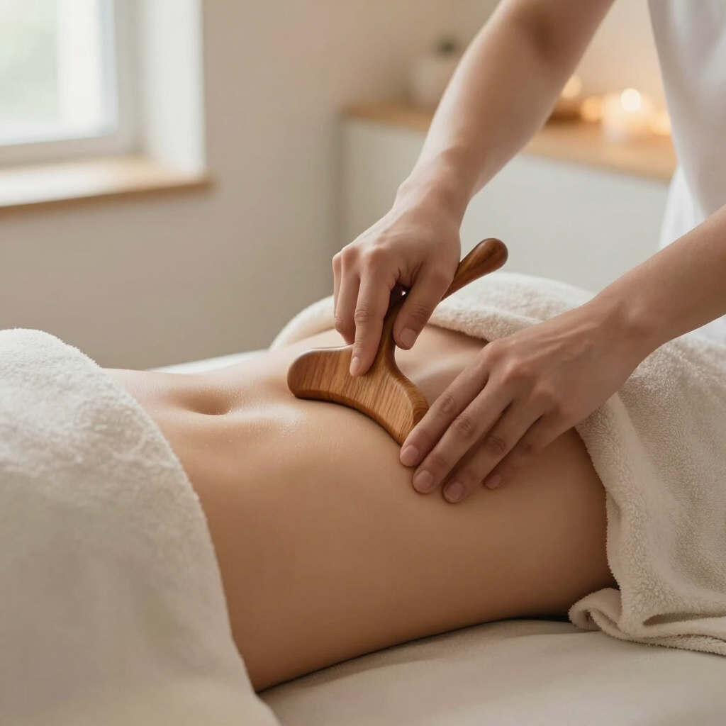 Manos utilizando una herramienta de masaje de madera sobre una espalda desnuda durante un tratamiento de spa.