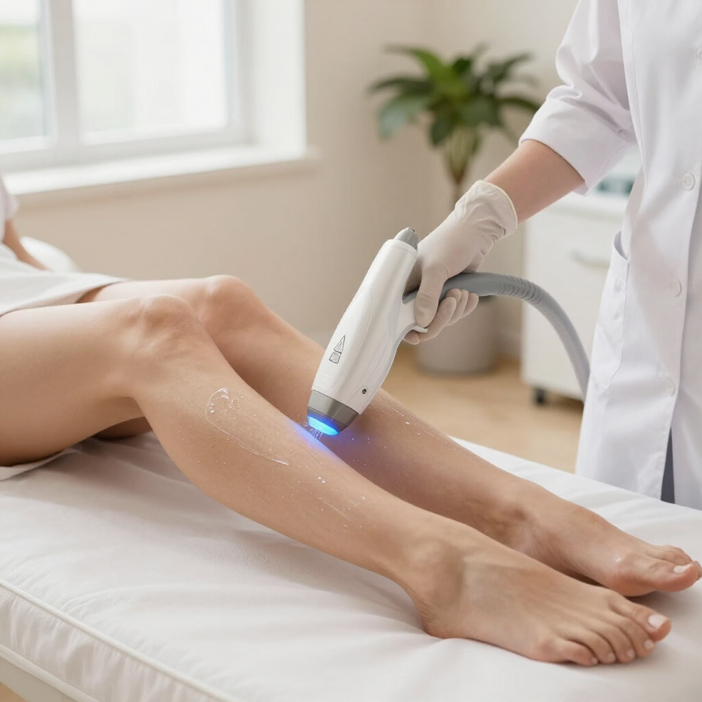 Técnico utilizando un dispositivo láser en las piernas de un paciente en una sala de tratamiento tipo spa.