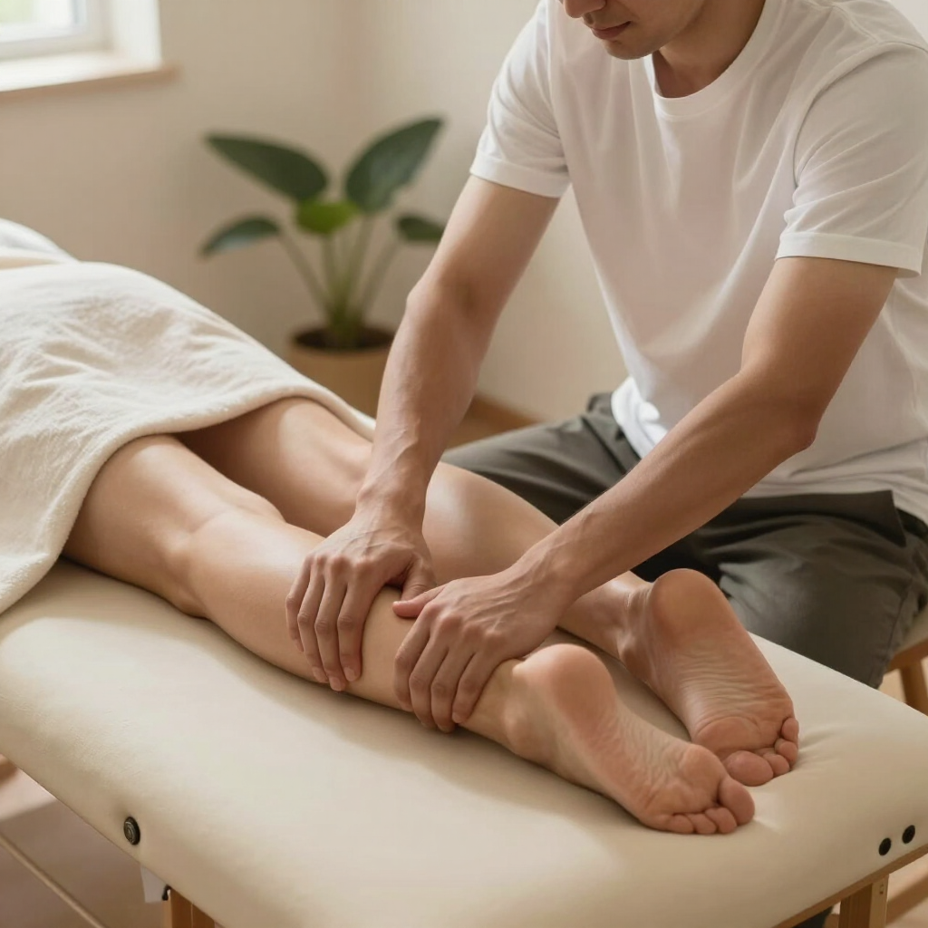 Masajista dando un masaje en los pies a un cliente en una camilla de tratamiento en una sala de spa.